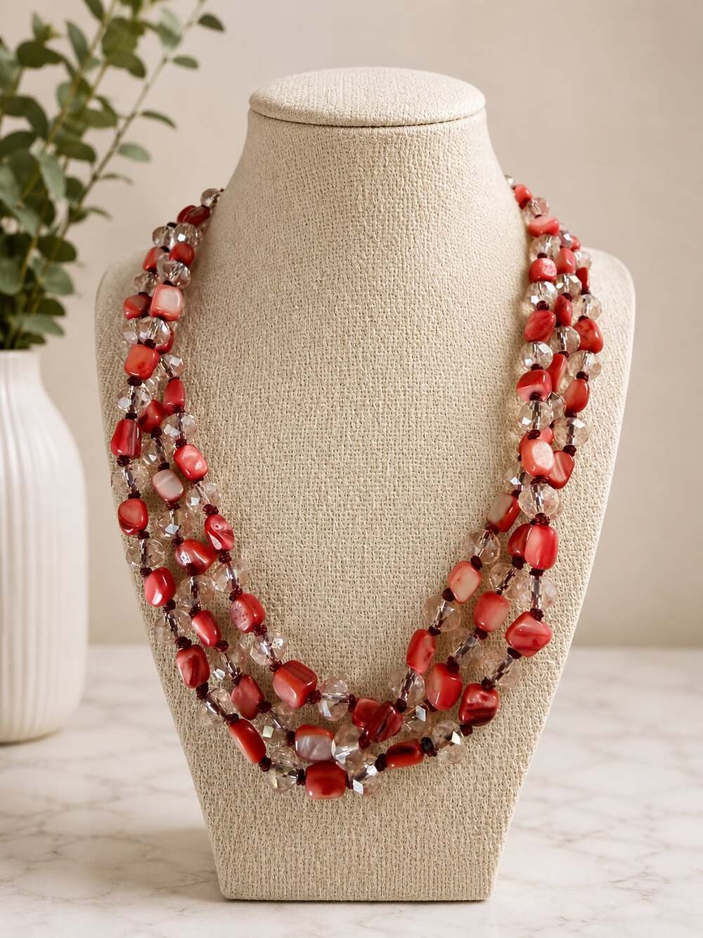 Red Glass Chip & Faceted Crystal-Style Bead Multi-Strand Necklace 17–20” boho